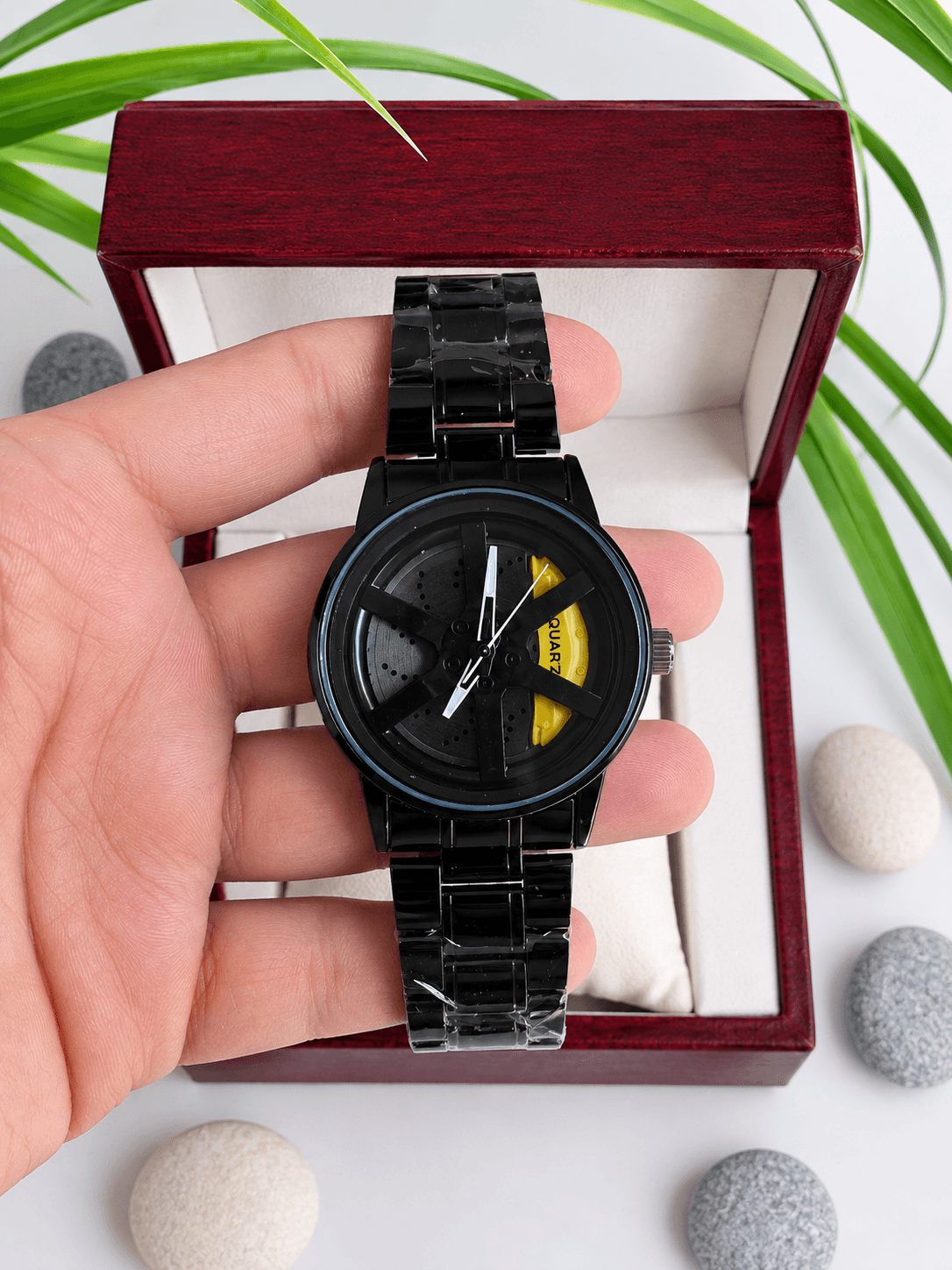 Spinning Car Wheel Watch For Men - 2026 Dark Collection - Fully Yellow / Sport