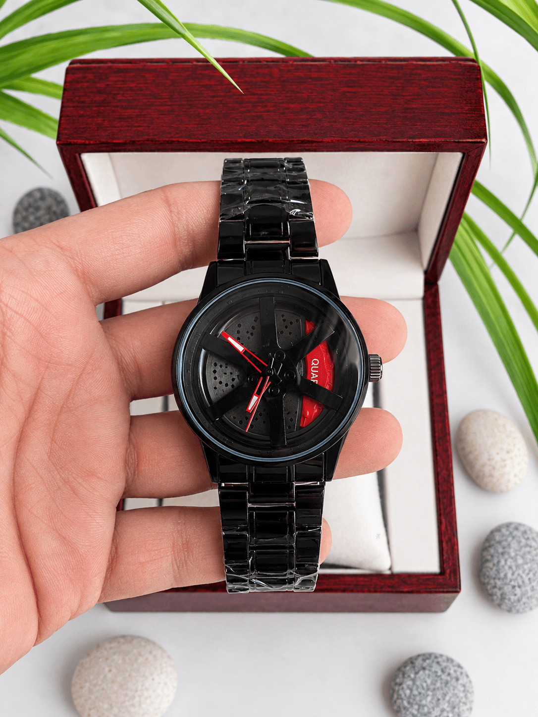 Spinning Car Wheel Watch For Men - 2026 Dark Collection - Fully Red / Sport