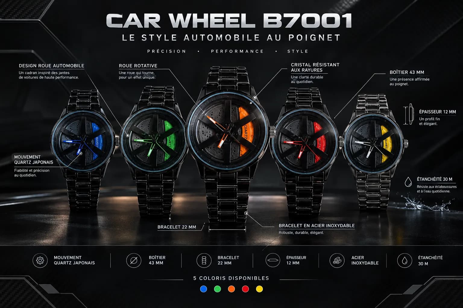 Détails de précision de la montre Spinning Car Wheel Watch For Men - 2026 Dark Collection