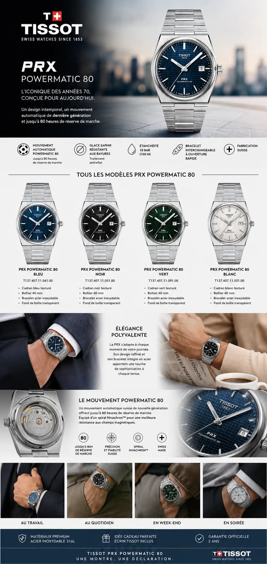 Détails de précision de la montre Tissot PRX Powermatic 80