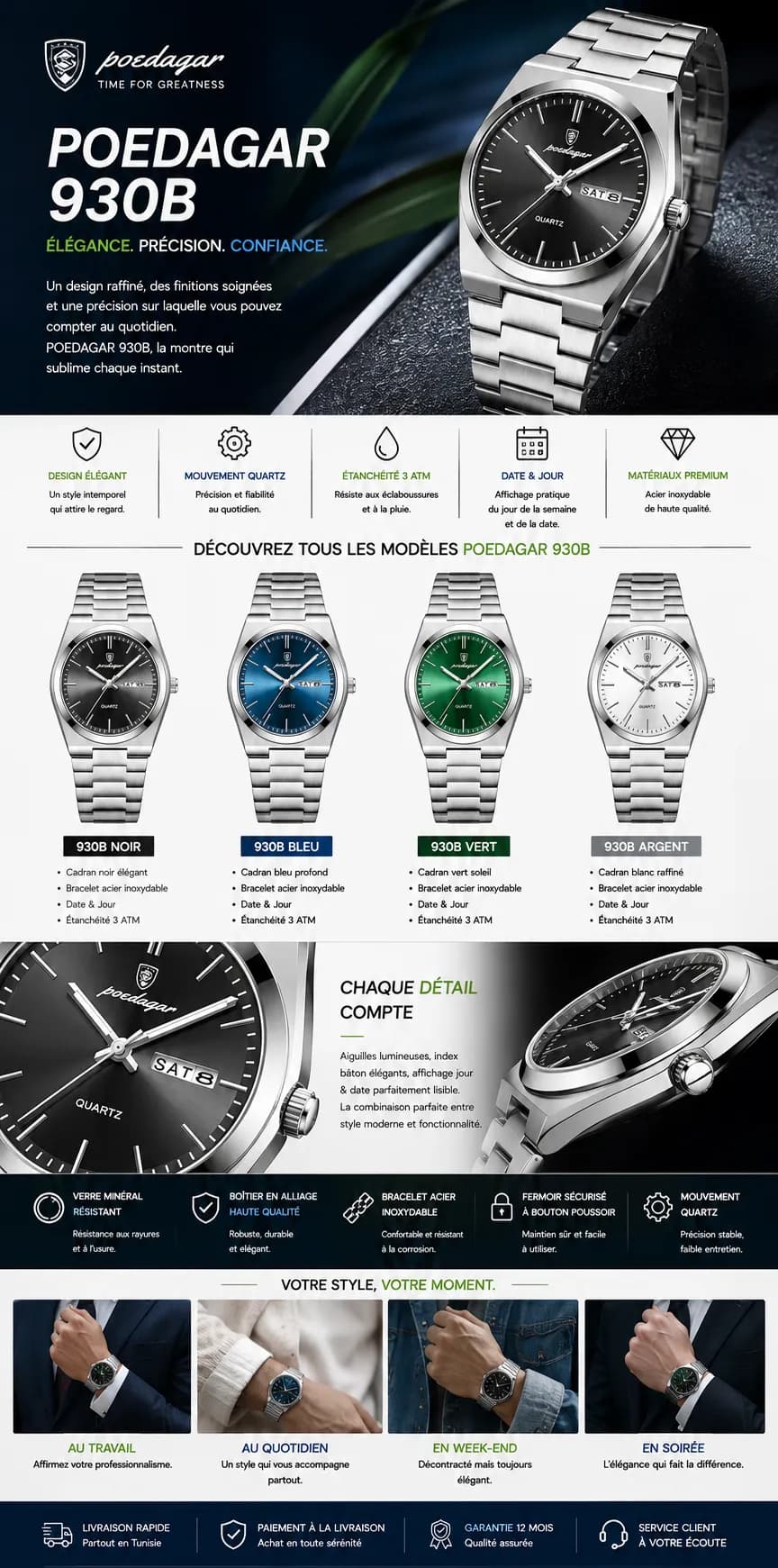 Détails de précision de la montre POEDAGAR 930B Men's Watch
