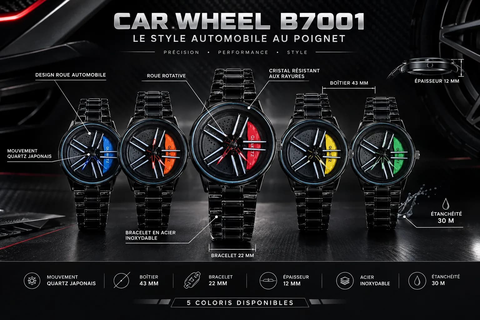 Détails de précision de la montre Spinning Car Wheel Watch For Men - 2026 Light Collection